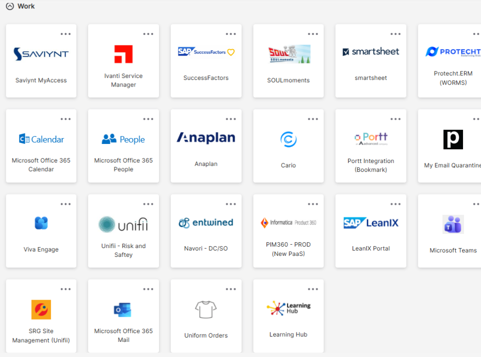 SRG Okta work apps dashboard. Only the Cario tile is clear and highlighted; the other work apps are blurred.